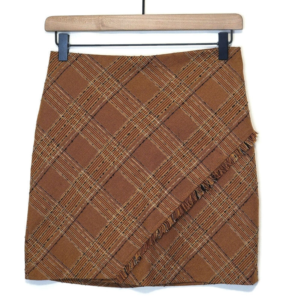 Free People Plaid Tweed Brown Mini Skirt Fringe Boho Preppy Fall Size 0